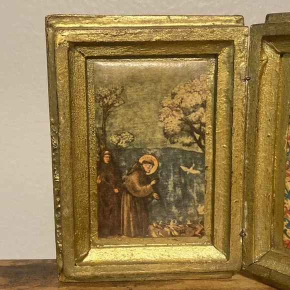 Antique Gold Gilt Florentine Wood Diptych Saint Francis Assisi A SIMPLE PRAYER - Picture 2 of 15